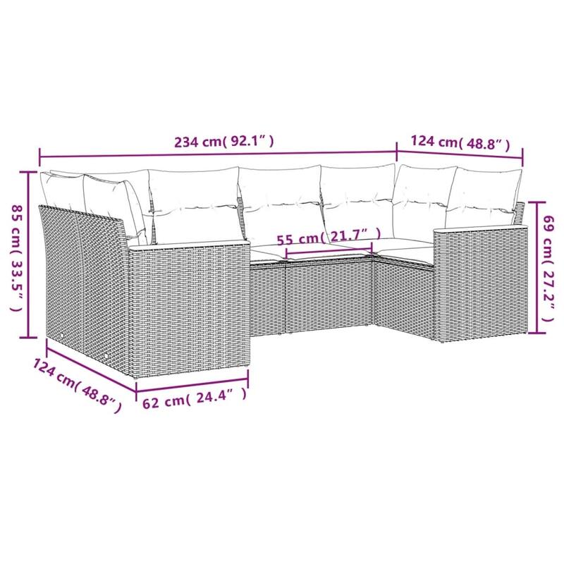 vidaXL 6 Piece Patio Sofa Set with Cushions Black Poly Rattan - 97.1x27.2x97.1