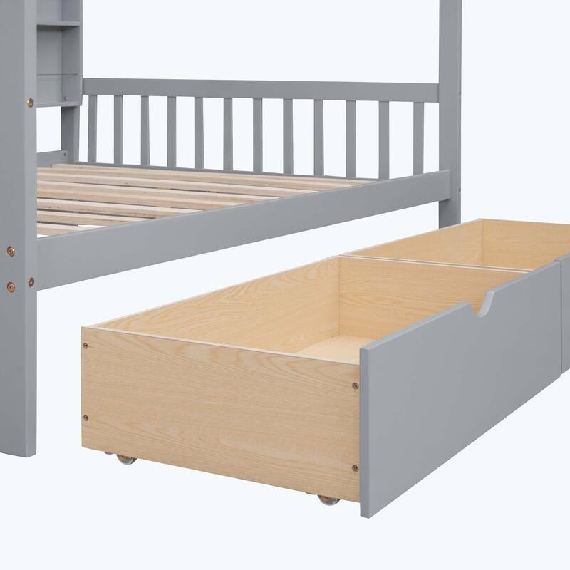 Comfortable Wooden House Bed with 2 Drawers,Kids Bed with Storage Shelf