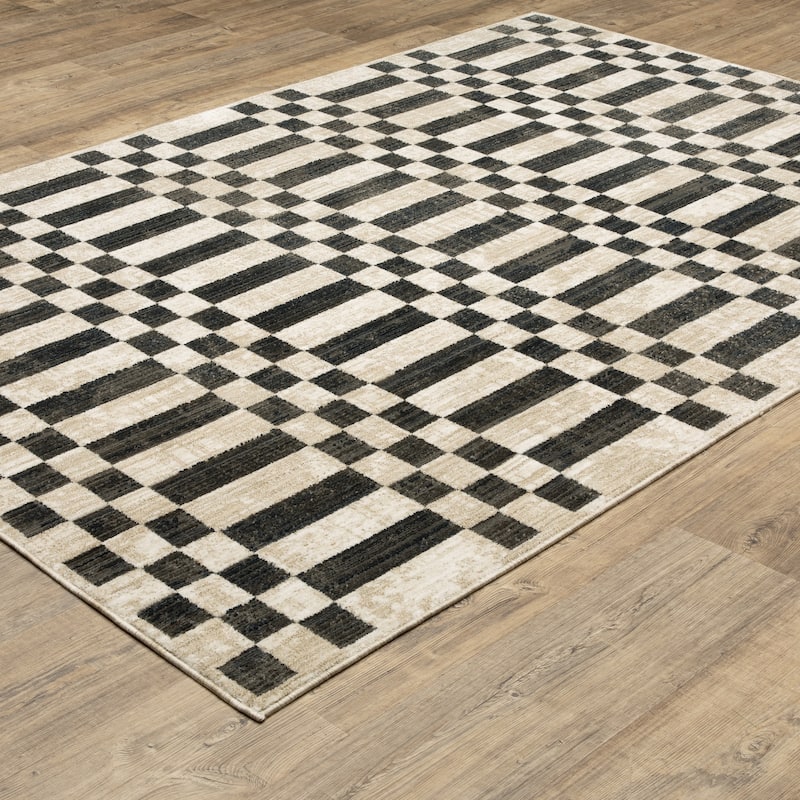Hansel Blocks and Stripes Beige/ Black Area Rug
