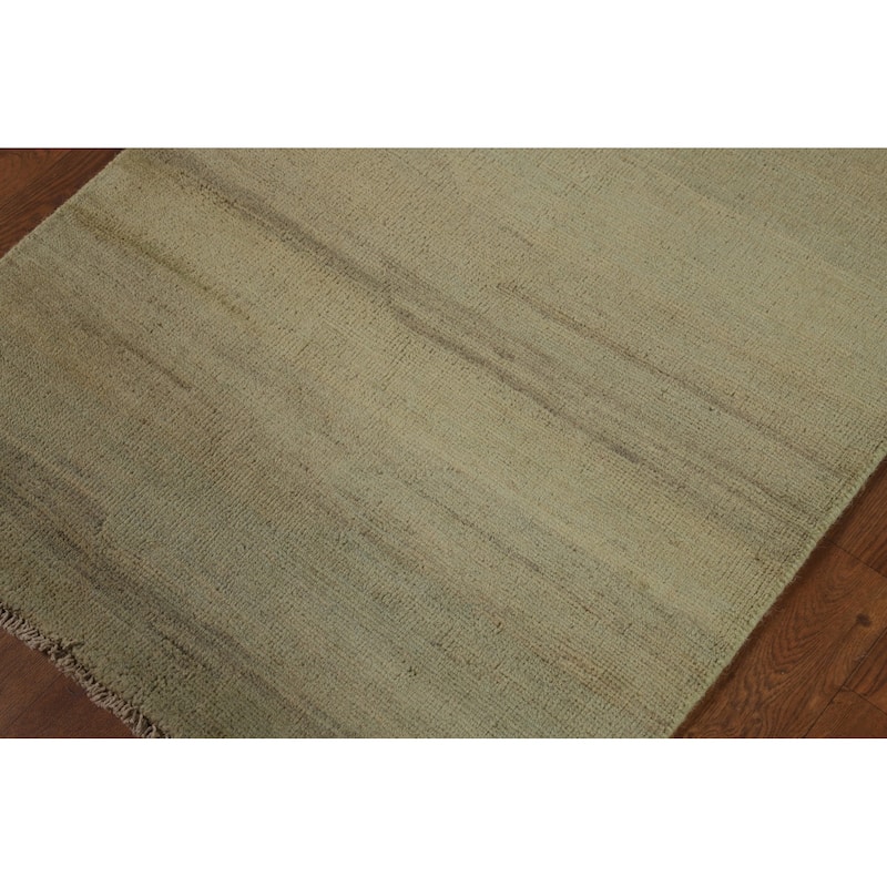 Modern Gabbeh Oriental Foyer Rug Hand-Knotted Green Wool Carpet - 2'7"x 4'0"
