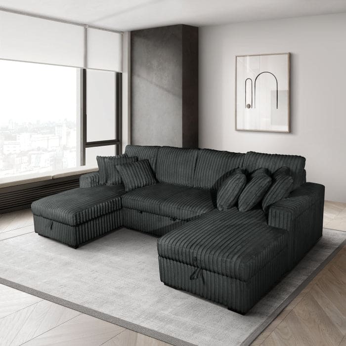 Modern U-Shaped Sectional Sofa Bed with Storage Chaises, USB Port, Wireless Charger and Pillows