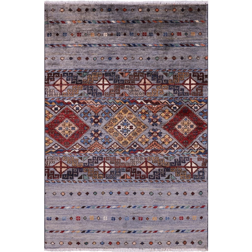 Golden Nile Grey Khorjin Persian Gabbeh Hand Knotted Wool Rug - 2' 8" X 4' 1"