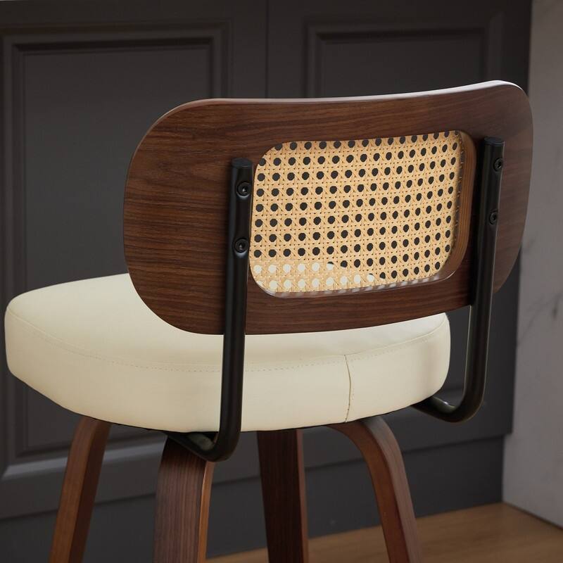 26" Swivel Rattan Bar Stools - Walnut Finish Counter Height Stools with Upholstered Seat