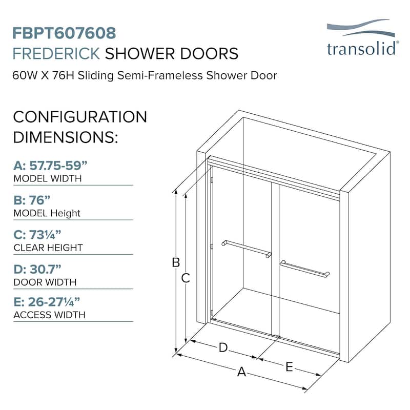 Transolid FBPT607608C-J 76" High x 59" Wide Bypass Frameless Shower