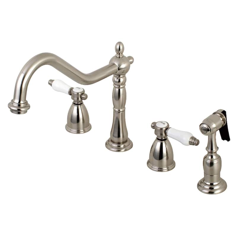 Kingston Brass Heritage Porcelain Kitchen Faucet with Side Spayer - 16'' (L) x 9-1/16'' (W) x 9-3/8'' (H) - Brushed Nickel