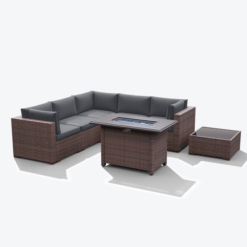 7 Piece Wicker Set Patio Sofa Furniture with Fire Pit And Table