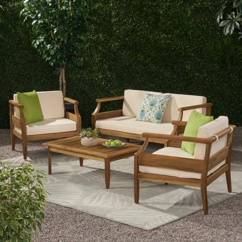 Roomfitters 4-Piece Outdoor Sofa Set with Loveseat, Coffee Table, Two Chairs, Patio Furniture Set, Beige Cushions