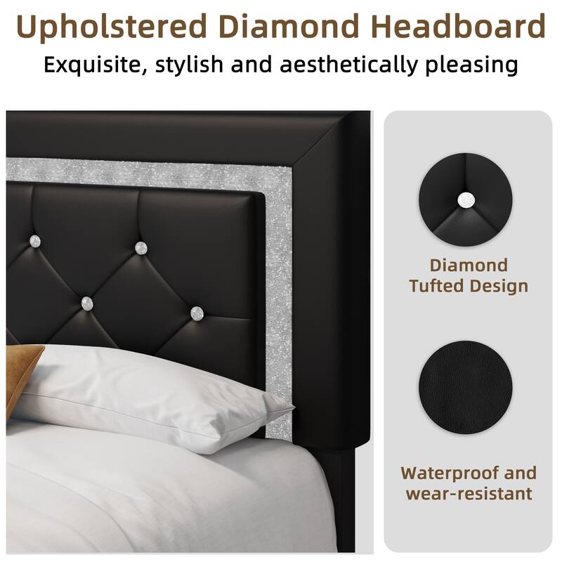 Queen Size Bed Frame with Headboard, Floating Bed Frame with LED Lights, Upholstered Platform Bed with Diamond Tufted Headboard