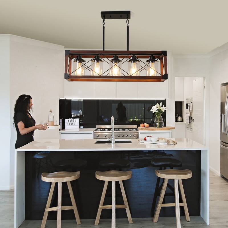 32" Red Wood Industrial Farmhouse Rectangle Pendant Light, 5-Light Chandelier with Lampshade for Dining Room, Kitchen Island