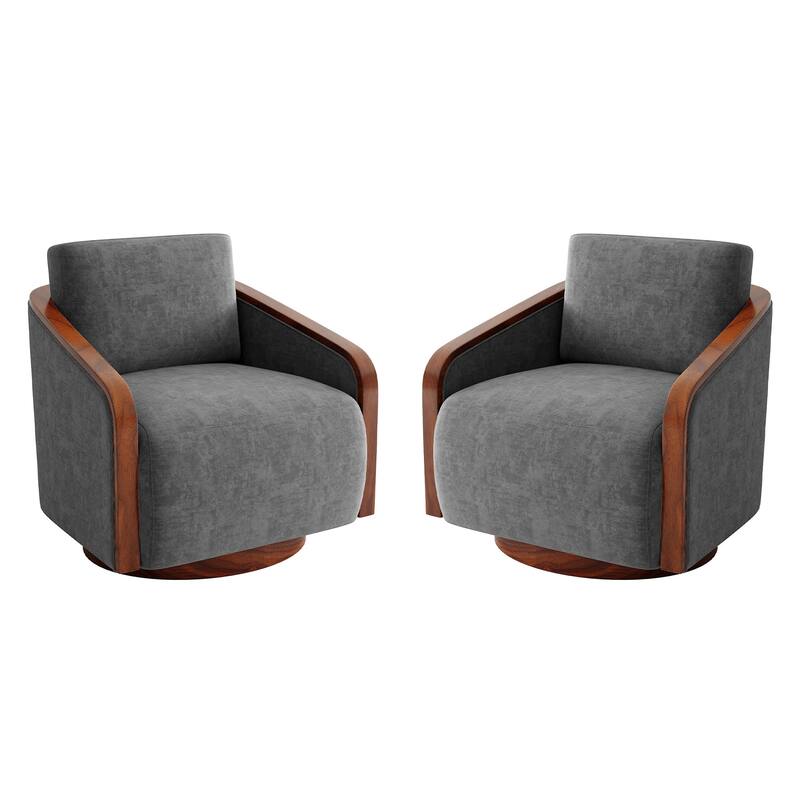 Set of 2 Modern 360° Swivel Accent Barrel Chairs with Wood Arms