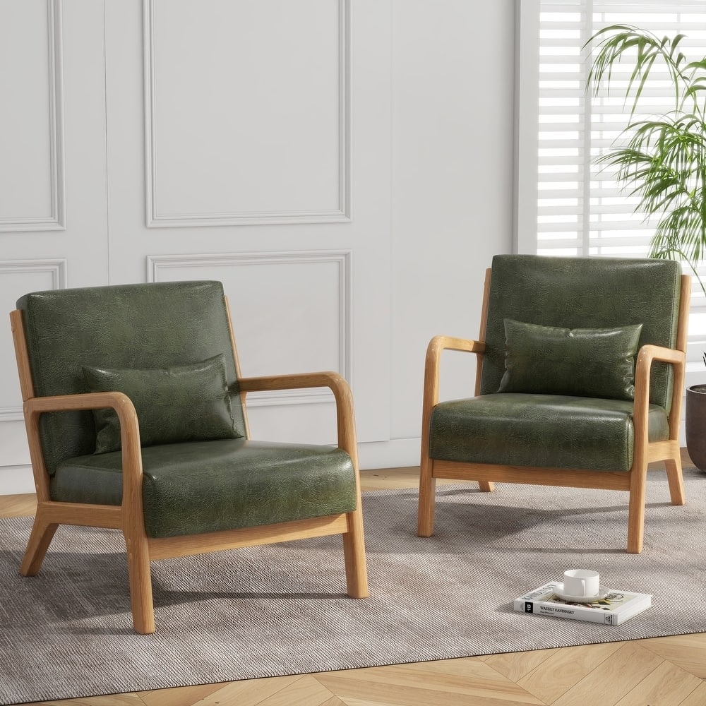 2 Set Scandinavian Upholstered Leather Corduroy Lounge Arm Chair with Pillow - Set of 2