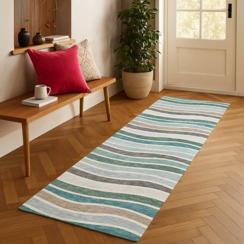 Machine Washable Indoor/ Outdoor Contemporary Stripe Chantille Rug