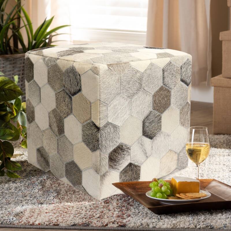Pasargad Home Galaxy Cowhide Ottoman 18", Silver/Grey