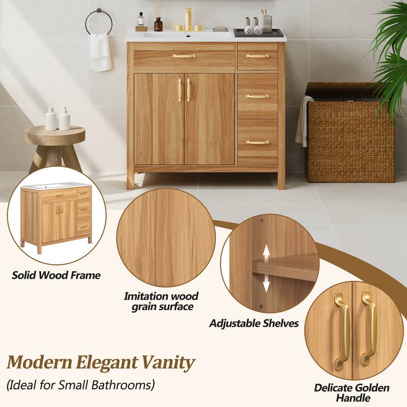 36" Wood Bathroom Vanity,2 Soft Close Doors,3 Soft Close Drawers, Adjustable Shelf, Modern Storage Cabinet