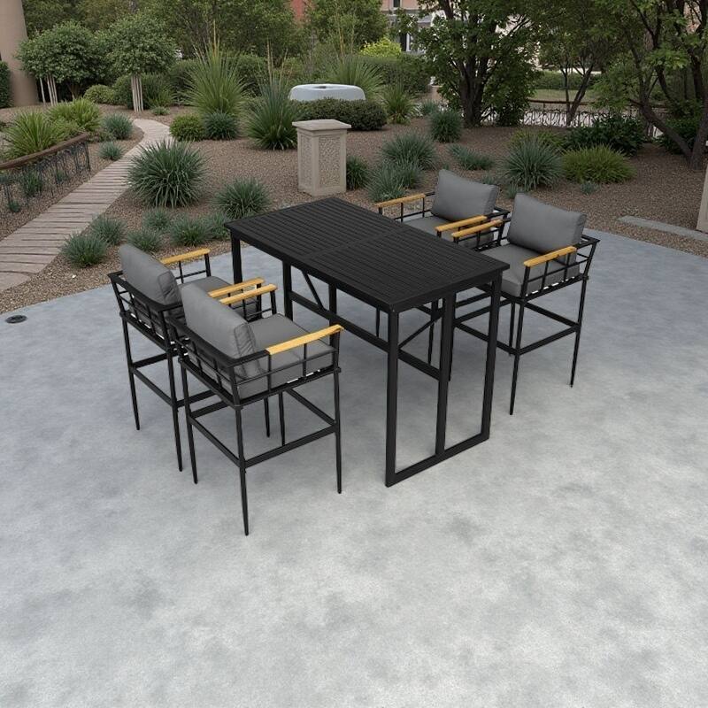 5-Piece Outdoor Dining Set with Iron Frame and Acacia Wood Armrests, Cushioned Chairs for Comfortable Patio and Backyard Seating - Black