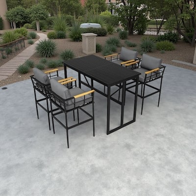 5-Piece Outdoor Dining Set with Iron Frame and Acacia Wood Armrests, Cushioned Chairs for Comfortable Patio and Backyard Seating