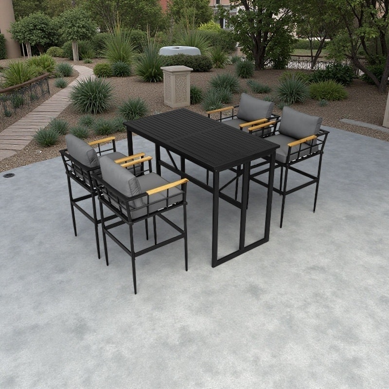 5-Piece Outdoor Dining Set with Iron Frame and Acacia Wood Armrests, Cushioned Chairs for Comfortable Patio and Backyard Seating