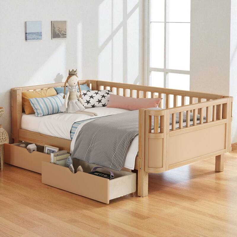 Twin/Full Size Wooden Platform Bed with Safety Rails and 2 Storage Drawers, Low Profile Kids Bed Frame - Natural - Twin