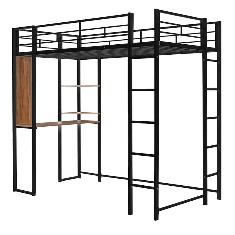 Twin Size Metal Loft Bed with Ladder, Fence, Shelves, and Desk