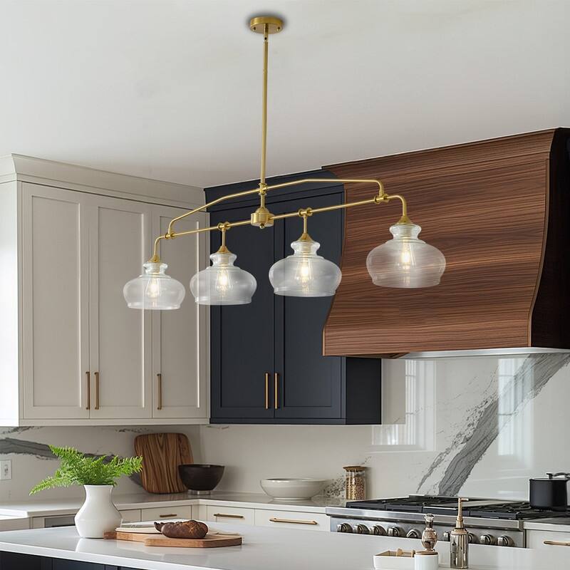 3-Light Brass Farmhouse Chandelier with Clear Glass Shade, Dimmable Hanging Light for Dining Room