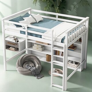 Multi-Functional Twin Size Loft Bed with 8 Open Storage Shelves and Built-in Ladder, Space Saving, Solid Construction, White