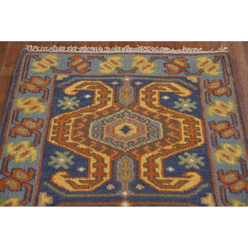 Blue Geometric Kazak Indian Runner Rug Handmade Wool Carpet - 2'7"x 9'9"