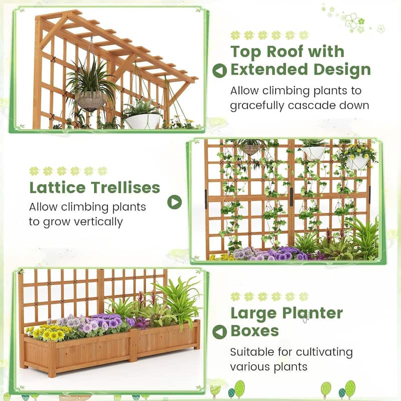 72" Raised Garden Bed Elevated Wooden Planter Box w/ Lattice Trellis