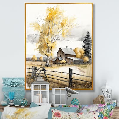 Designart "Yellow Barn In Spring VIII" Farmhouse / Country Framed Canvas Art Print
