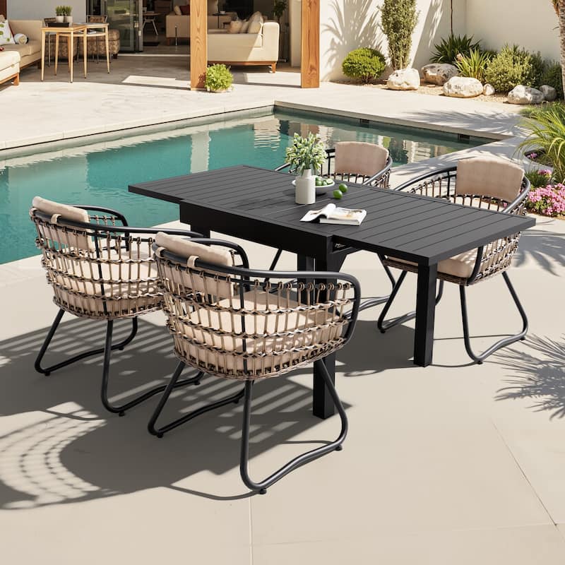 5/7/11PC Outdoor Patio Extendable Table Dining Sets with Rattan Chairs - 5PC-Beige