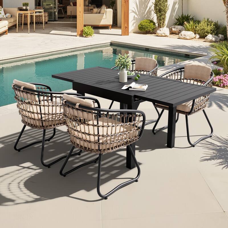 VredHom 5PC Outdoor Patio Extendable Table Dining Sets Table with Rattan Chairs