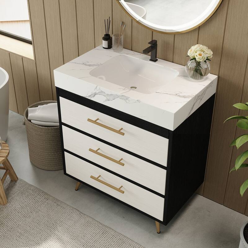 GDFStudio - Athens Modern 29.9" Freestanding Bathroom Vanity with Sintered Stone Top, Ceramic Vessel Sink & Stainless Steel Legs