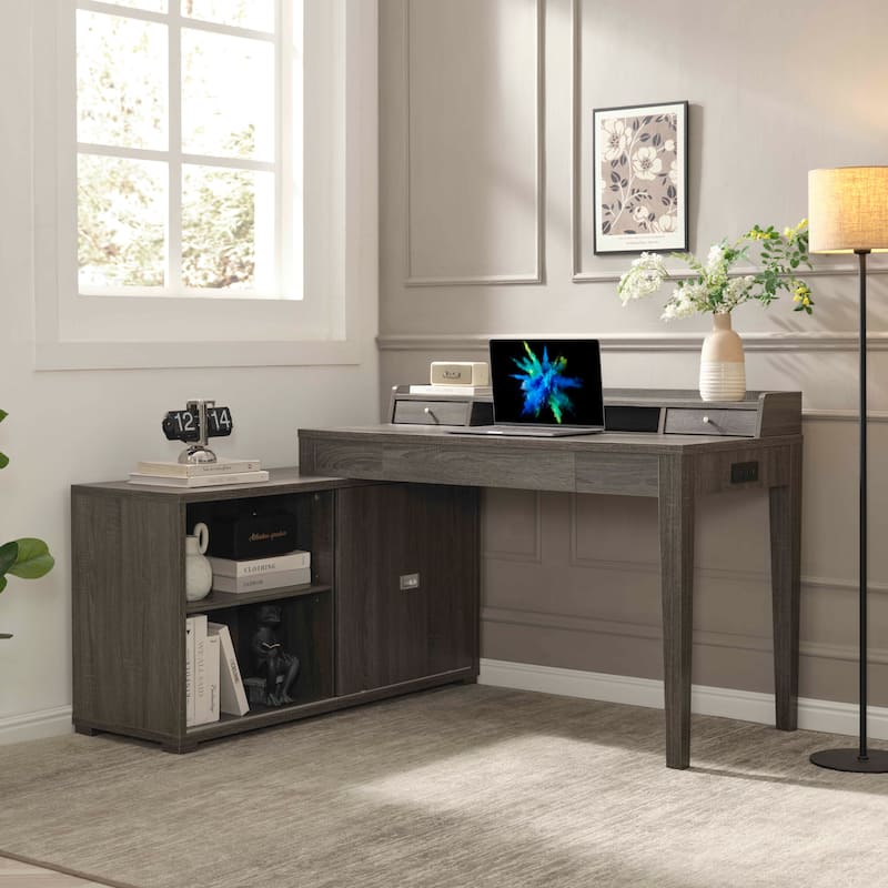 L-Shaped Workstation Home Office Desk Grey Mini Hutch Return Credenza Sliding Door Aluminum Metal Hardware