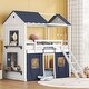 preview thumbnail 1 of 7, White+Blue Twin Size Wood Castle House Bunk Bed with Windows, Sills, Tent, and Slide, Playhouse Design White+Blue