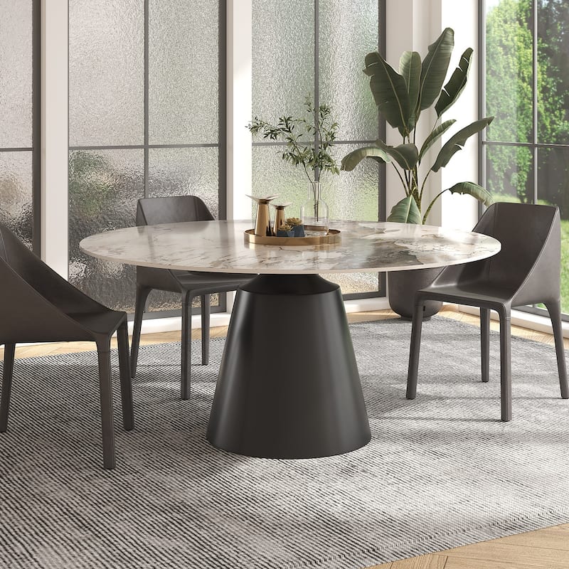 Modern Round Rock Slabs Black Titanium Stainless Steel Pedestal Dining Table