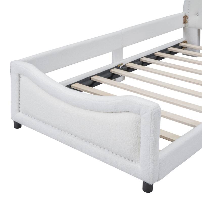 Upholstered Twin Daybed Frame for Kids, Teddy Fleece Bed w/ OX Horn