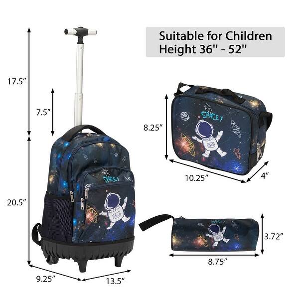 dimension image slide 2 of 3, 20-Inch 3PCS Kids Rolling Luggage Set, Trolley Backpack with Lunch Bag and Pencil Case for Girls, Suitcase with Mermaid Pattern