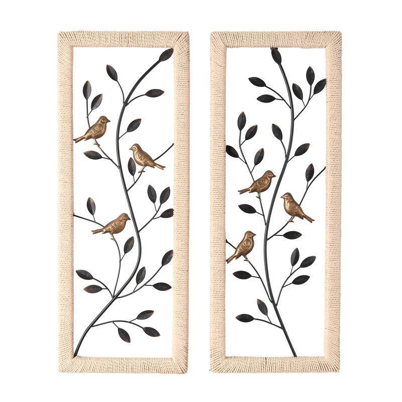 Black Metal Leaf Home Wall Decor with Cream Rattan Frame and Bronze Bird Accents (Set of 2)