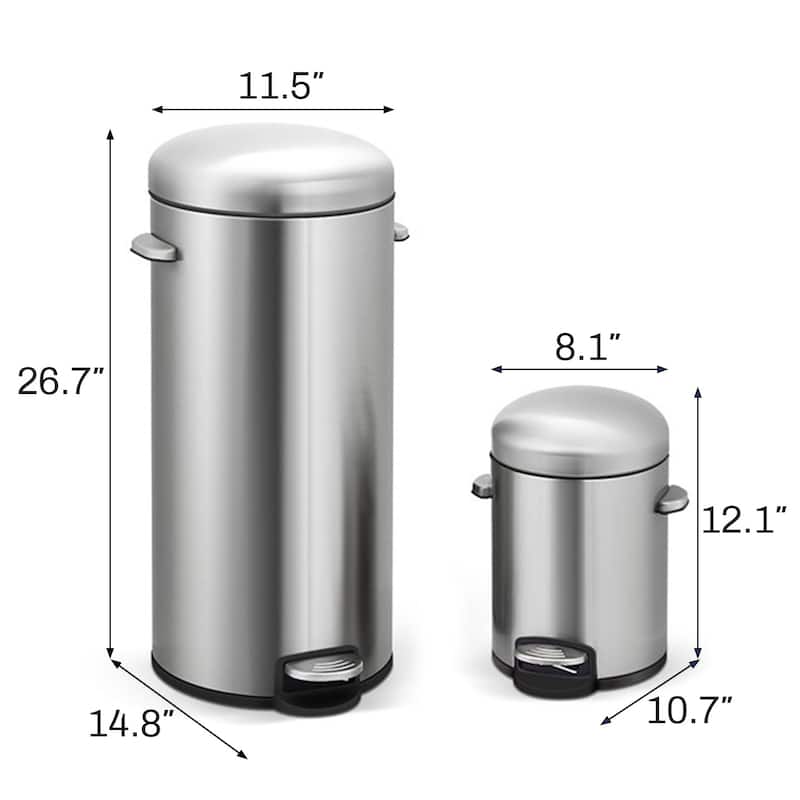 Innovaze 8 Gal./30 Liter and 1.3 Gal./5 Liter Stainless Steel Step-on Trash Can Set for Kitchen and Bathroom