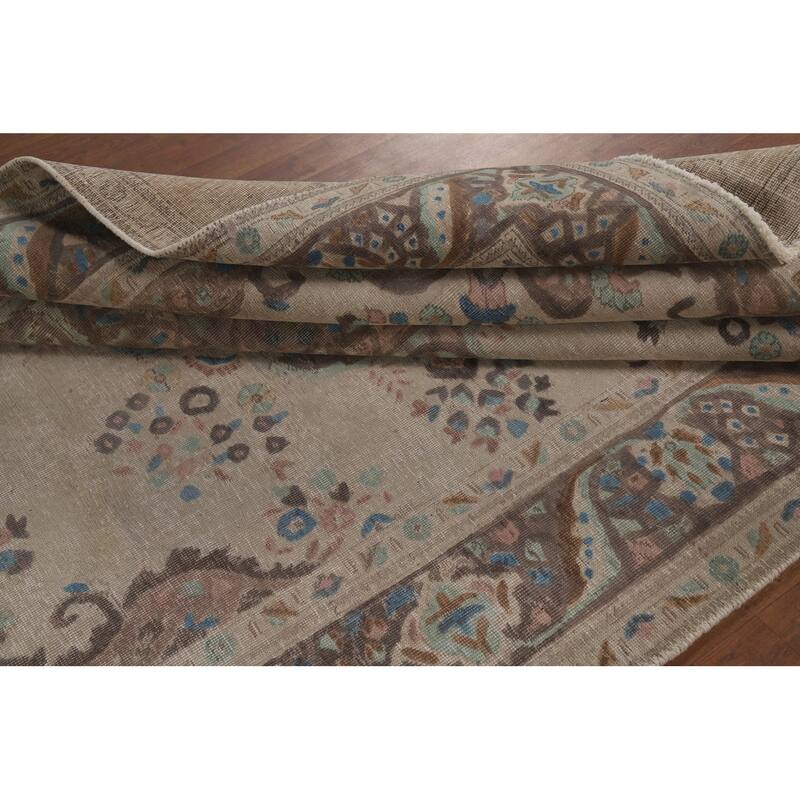 Floral Tabriz Persian Rug Hand-Knotted Traditional Beige Wool Carpet - 6'8"x 10'0"