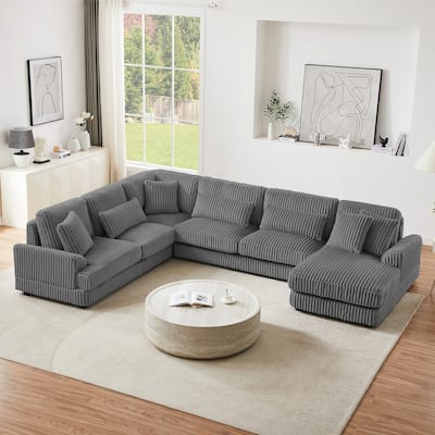Roomfitters 129-Inch Oversized U-Shaped Sectional Sofa, Modern Corduroy Upholstered Couch with Chaise Lounge, Dark Grey