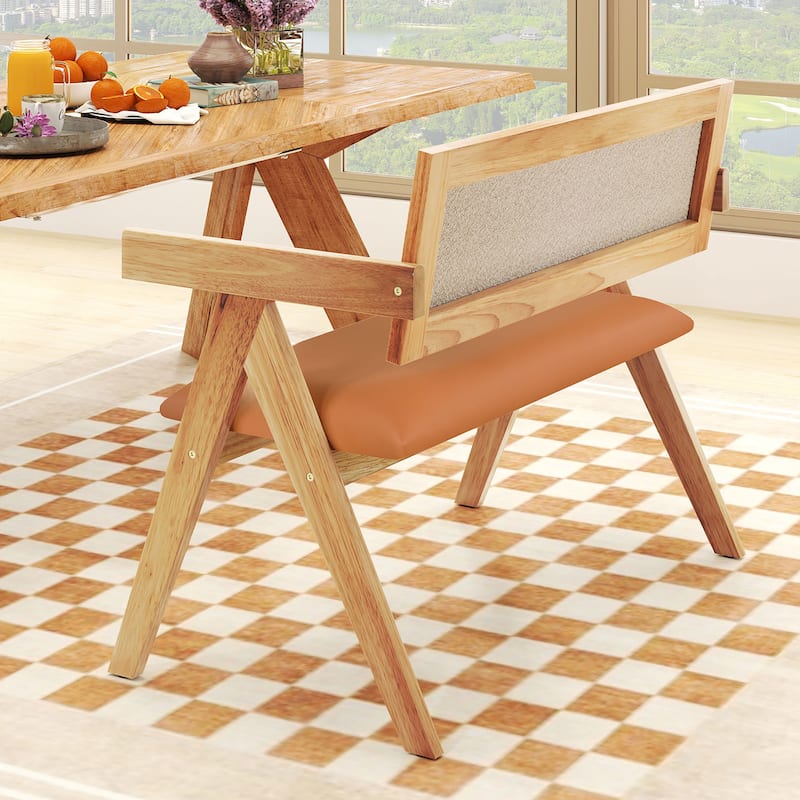 Gymax Rubber Wood Dining Bench w/Armrest Sherpa Upholstered Backrest