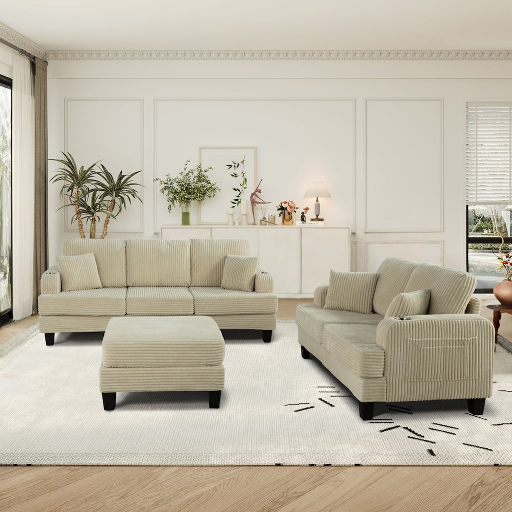 Modern Fabric 3-piece Sectional Sofa Set with Loveseat and Storage Ottoman