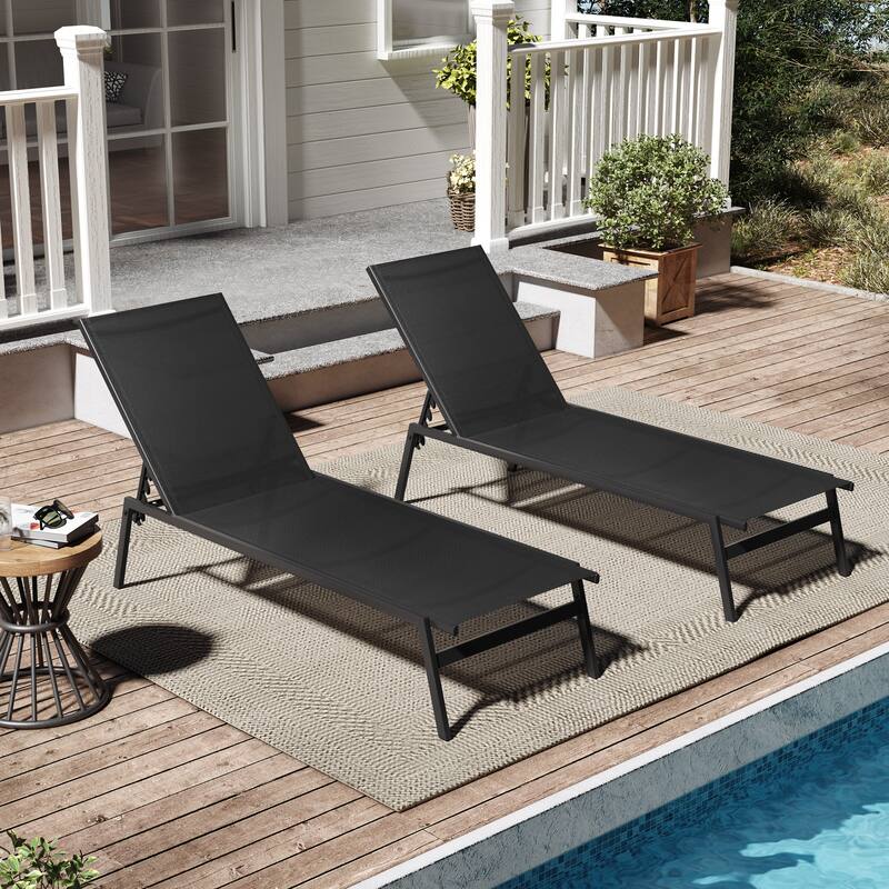 VredHom Outdoor Patio Stackable Adjustable Chaise Lounge Chairs - Black-2PC