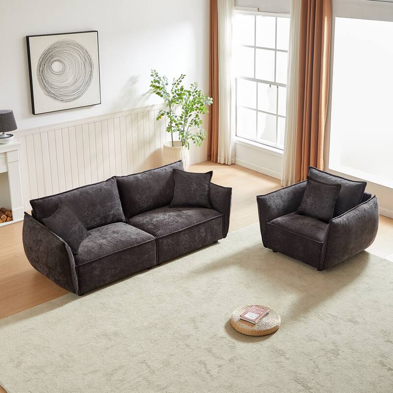 3-Seater + 1-Seater Sofa Combo - Linen Upholstery with Decorative Pillows - Black
