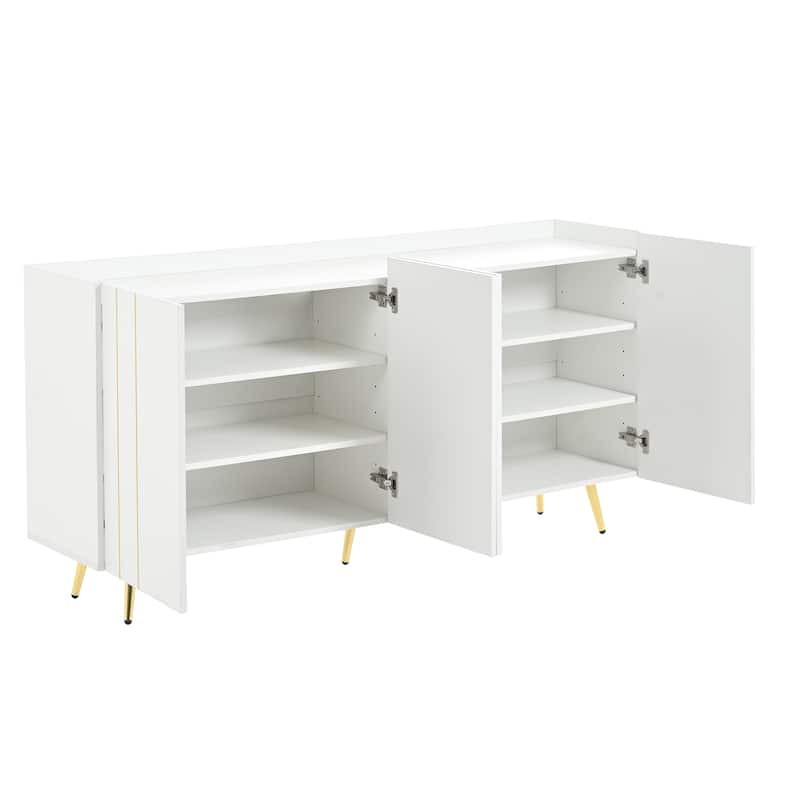 White 62.9" TV Stand Cabinet with 5 Metal Legs, 4 Adjustable Shelves and Gold Lines Doors for TVs Up to 70"