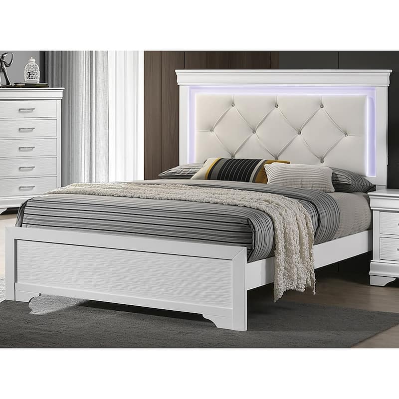 Queen Size Tufted LED Headboard Bed with Faux Leather and Diamond Design - White