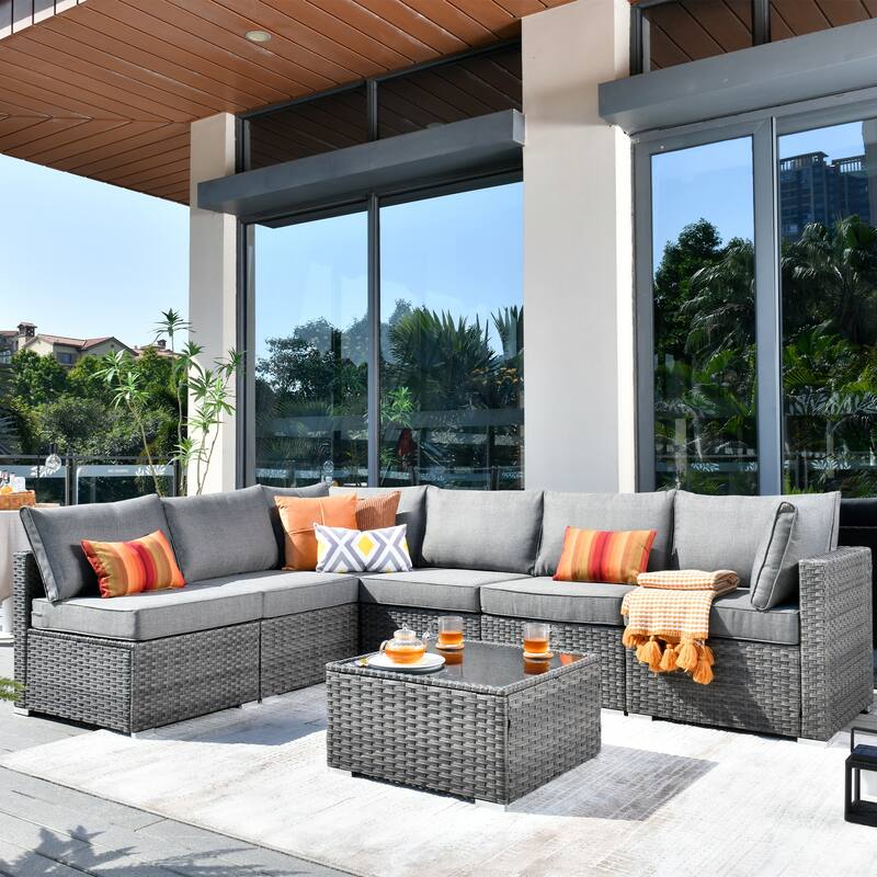 XIZZI 7-piece Outdoor Wicker Furniture Sectional Sofa Set with Table - Dark Grey