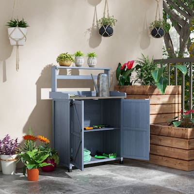 Outdoor Wooden Potting Table with Storage Cabinet with 2 Shelves