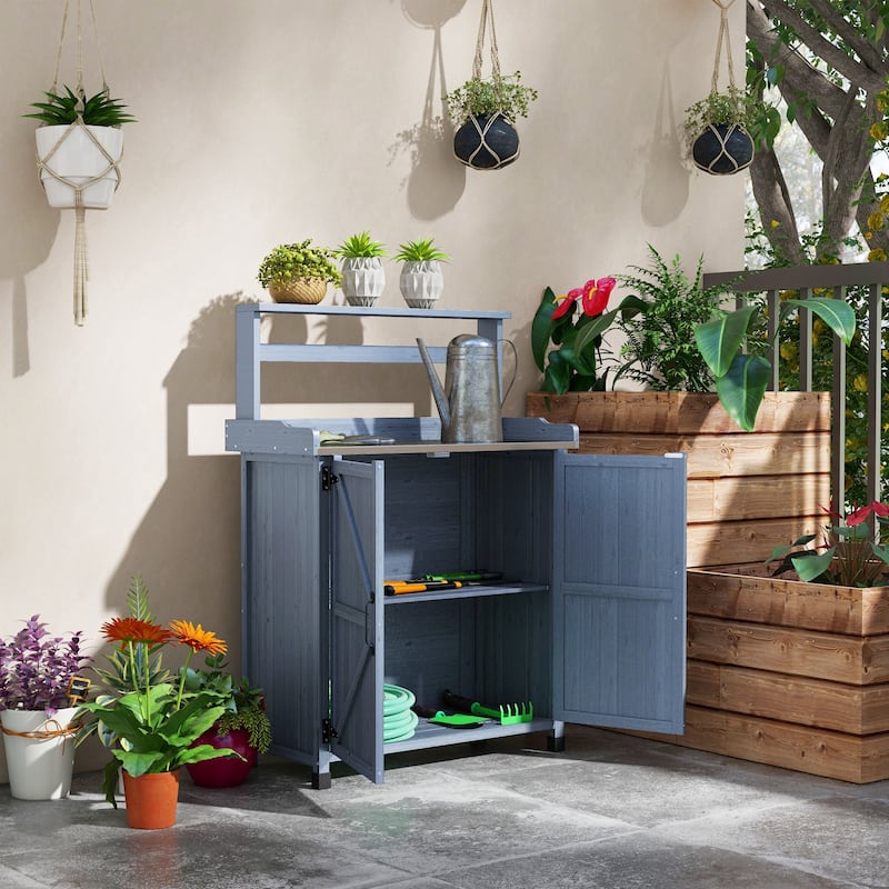 Outsunny Potting Bench, Outdoor Wooden Potting Table with Storage Cabinet, Storage Shelf, Garden Work Bench - Grey