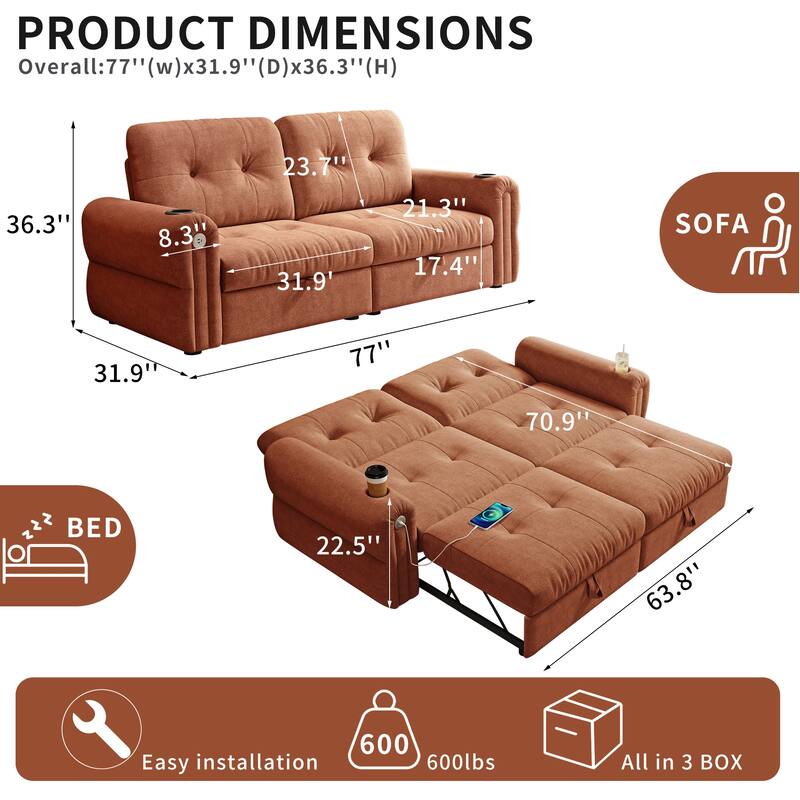 GDFStudio - Chenille Convertible 2-Seater 80.4" Sofa Bed